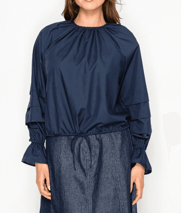 Tiered-Sleeve Blouse in Deep Navy with Tie Waist