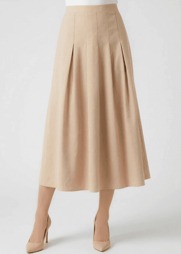 Flowy Pleated Midi Skirt (Beige)